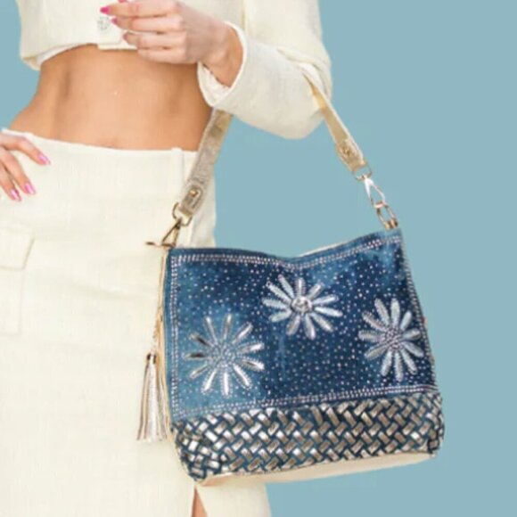 Gold Accents Hardware Stylish Rhinestone Bling Zip Daisy Blue Hobo Handbag - Picture 1 of 3